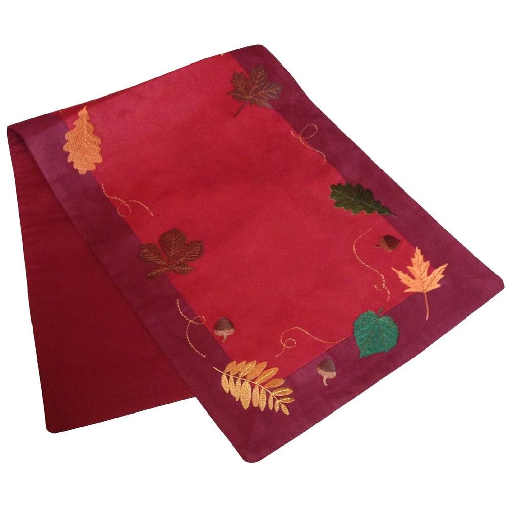 Autumn Harvest Embroidered Leaves Table Runner Microsuede Maroon Topper NEW 36"'